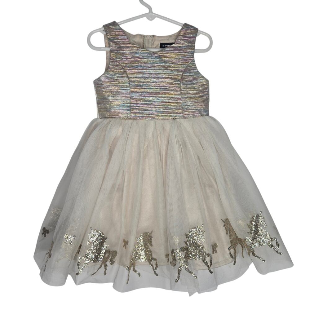 Zunie Girl Unicorn Princess Party Dress Rainbow Metallic Glitter Full Skirt 4